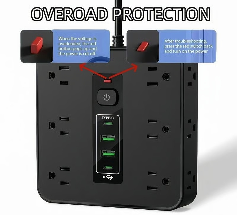 โก16-in-1 Power Strip with Switch & Surge Protection,ETL Listed Fireproof Power Strip